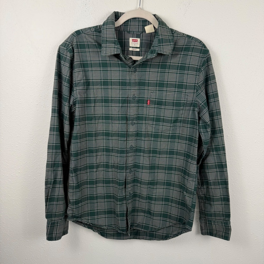 Levis Mens Standard Fit Plaid Button Down Shirt Green Grey Long‎ Sleeve Small